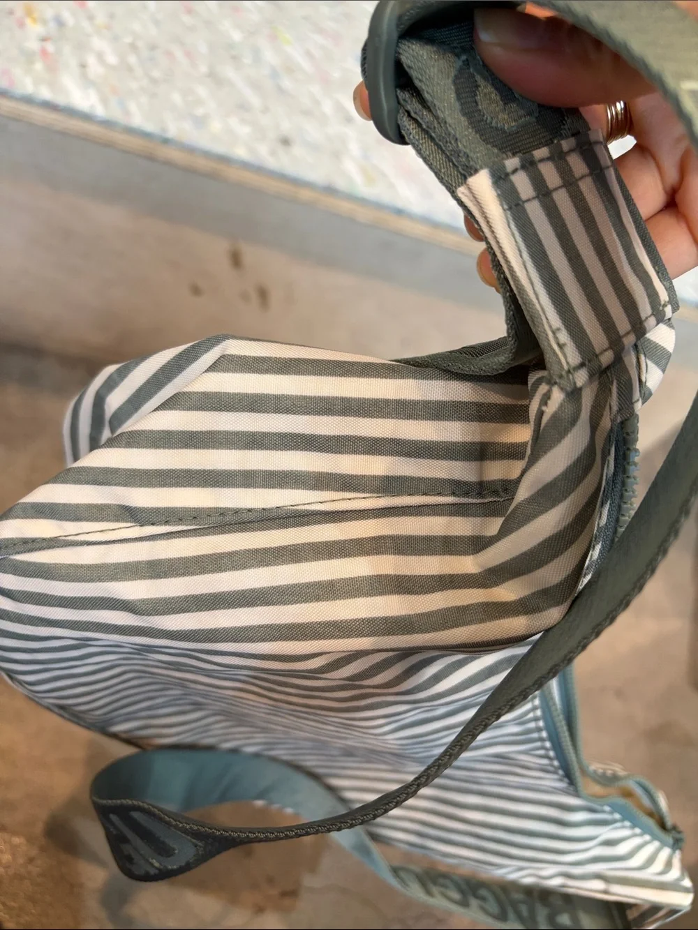 Baggu Medium Nylon Crescent Bag in sage stripe